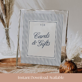 Póster Tarjetas y regalos de boda con raya fina navy y cr