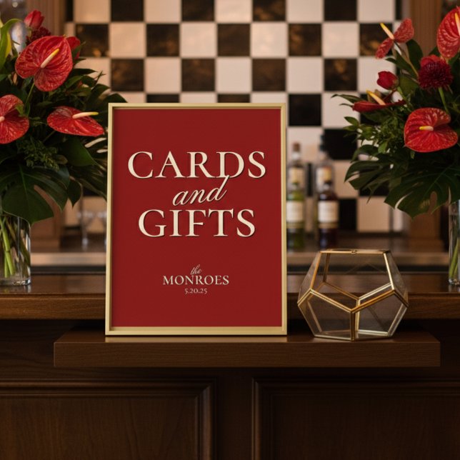 Póster Tarjetas y regalos de ducha de Boda rojo de lujo (Add a touch of timeless elegance to your gift table with this Old Money Bold Red Sign!)