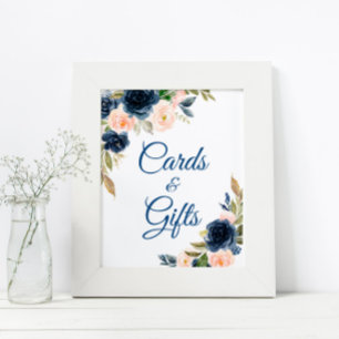 Póster Tarjetas y regalos de ducha floral azul marino y r