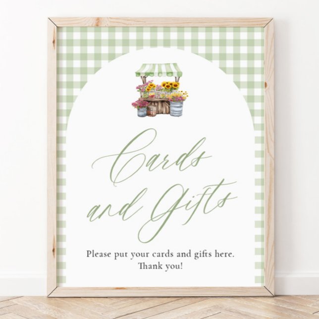 Póster Tarjetas y regalos de Green Gingham Fresh Off The  (Green Gingham Fresh Off The Market Cards and Gifts Sign)