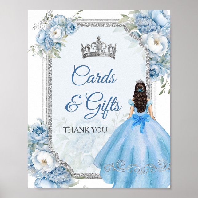 Póster Tarjetas y Regalos de Quinceañera Floral Azul (Frente)