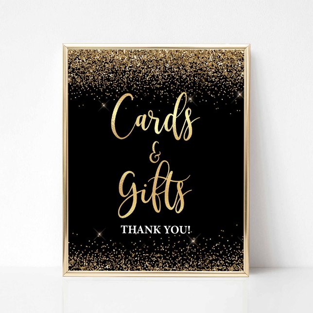 Póster Tarjetas y regalos Fiesta Rótulo Purpurina Negro y (Cards & Gifts Party Sign, Black & Gold Glitter Confetti)