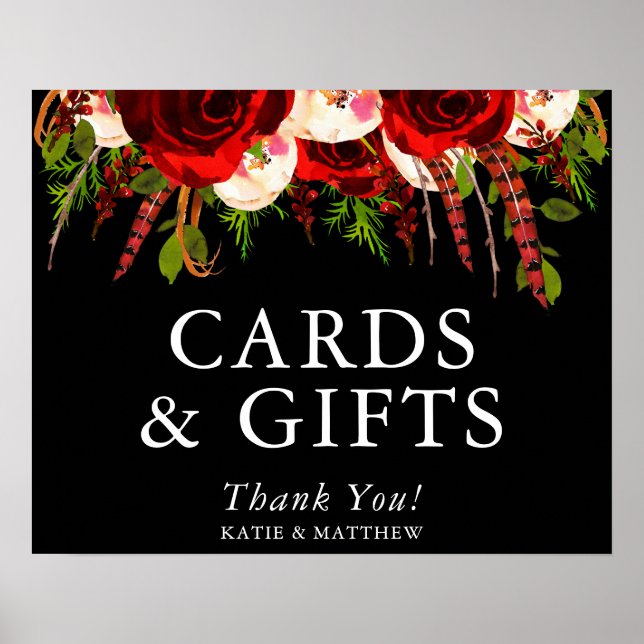 Póster Tarjetas y regalos florales boho de Borgoña negra (Frente)