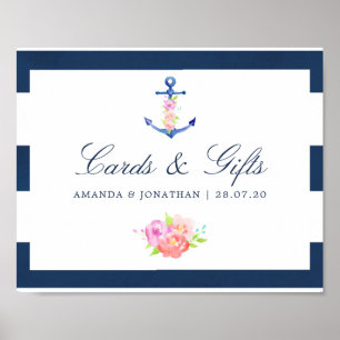 Póster Tarjetas y regalos florales de boda náutica acuare