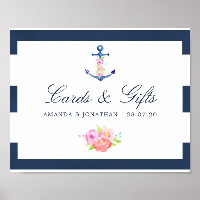 Póster Tarjetas y regalos florales de boda náutica acuare (Frente)
