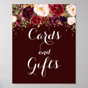 Póster Tarjetas y regalos florales de Borgoña dorada para