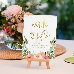 Póster Tarjetas y regalos florales dorados Letrero de des