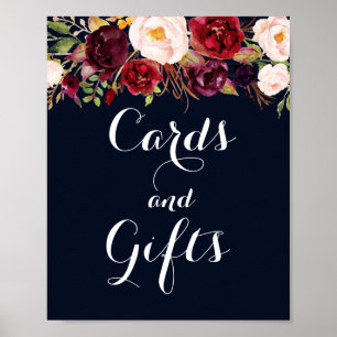 Póster Tarjetas y regalos florales Navy Burgundy para bod