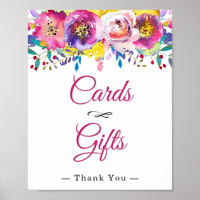 Póster Tarjetas y regalos Fuchsia Gold Boda Floral Rótulo (Frente)