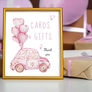 Póster Tarjetas y regalos globos rosados y coche de cumpl