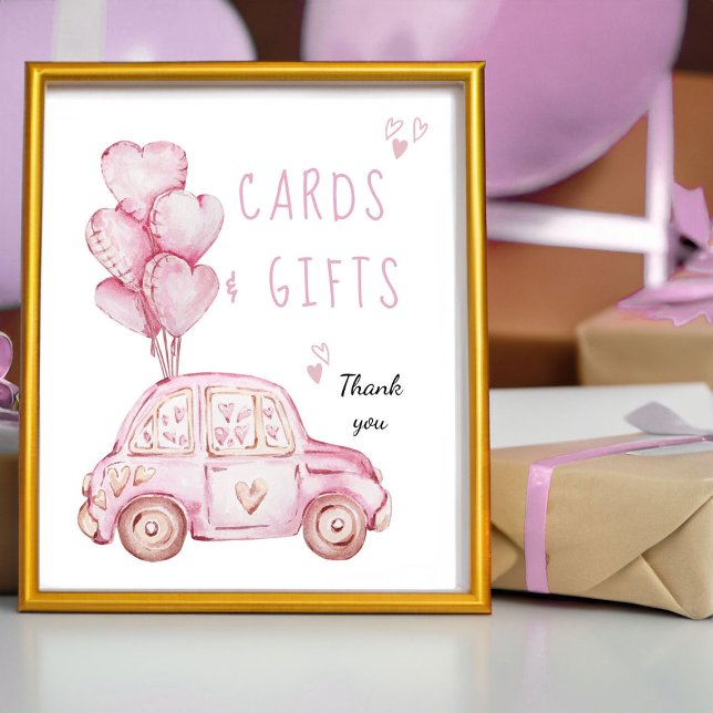 Póster Tarjetas y regalos Globos rosados y cumpleaños del (Cards and Gifts Sign - from my Car and Balloons Valentine Birthday Collection)