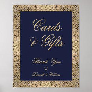 Póster Tarjetas y regalos rosas doradas azul marino elega