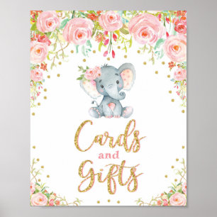 Póster Tarjetas y regalos Rótulo Elefante Floral Baby Sho