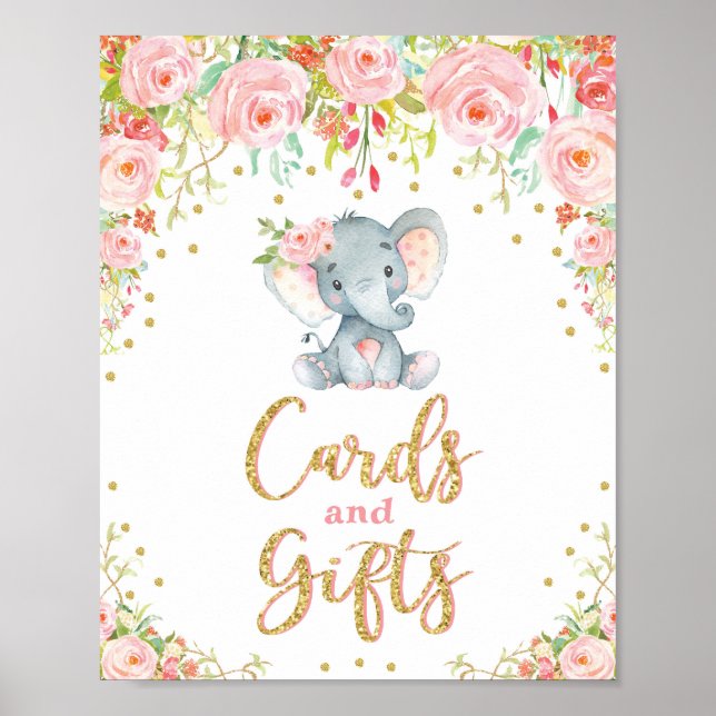 Póster Tarjetas y regalos Rótulo Elefante Floral Baby Sho (Frente)