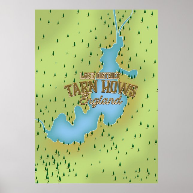 Póster Tarn Hows, distrito del lago, mapa de viajes. (Frente)