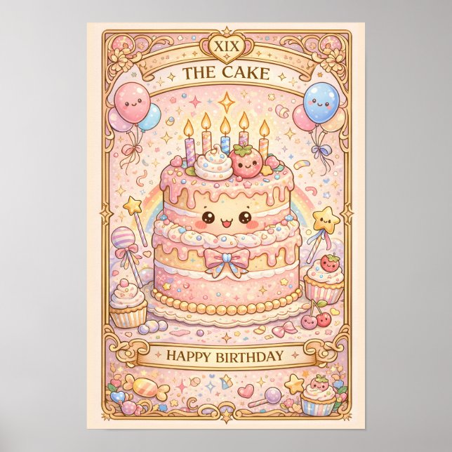 Póster Tarot Kawaii de Cumpleaños “El Pastel” Monada past (Frente)