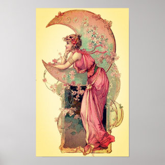 Póster TAROTAS / DAMA DE LA LUNA CON FLORES DE COLOR rosa