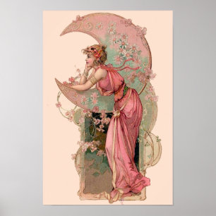PÓSTER TAROTS / DAMA DE LA LUNA CON FLORES EN ROSA
