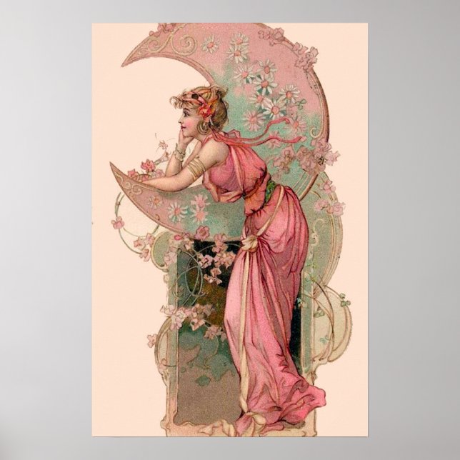 PÓSTER TAROTS / DAMA DE LA LUNA CON FLORES EN ROSA (Frente)