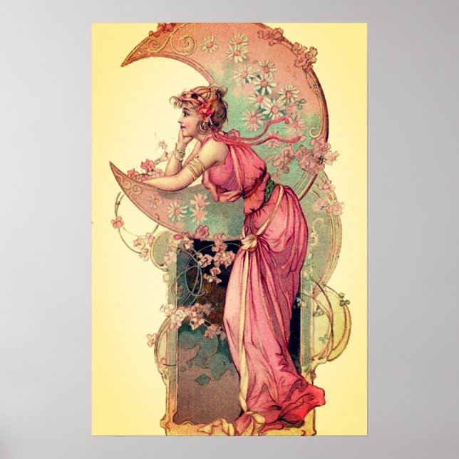 Póster TAROTS / DAMA DE LA LUNA CON FLORES Rosa Amarillo (Frente)