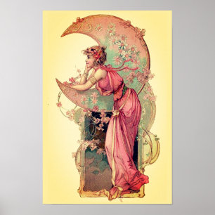 Póster TAROTS / DAMA DE LA LUNA CON FLORES Rosa Amarillo