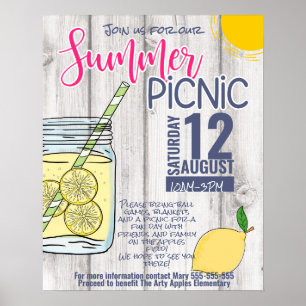 Póster tarro de masón de limonada de picnic de verano en 