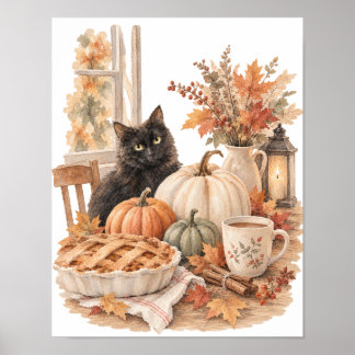 Póster Tarta De Calabaza Gato Negro Cocina De Otoño Vinta