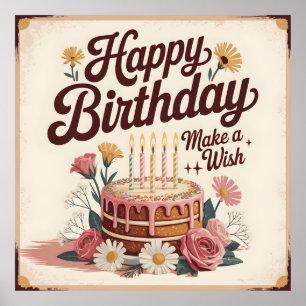 Póster Tarta Floral Vintage "Feliz Cumpleaños - Haz un De