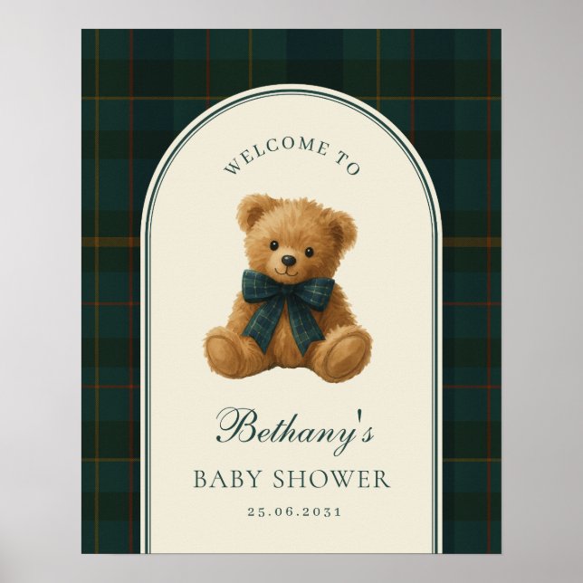 Póster Tartan Check Teddy Bear Baby Shower Welcome (Frente)