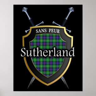 Póster Tartan del Clan Sutherland Escudo y Espadas Escoce