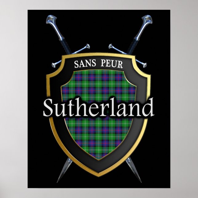 Póster Tartan del Clan Sutherland Escudo y Espadas Escoce (Frente)