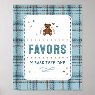 Póster Tartan Teddy Bear, Baby Boy Shower FAVOR SIGN