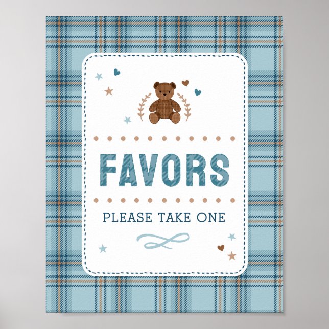 Póster Tartan Teddy Bear, Baby Boy Shower FAVOR SIGN (Frente)