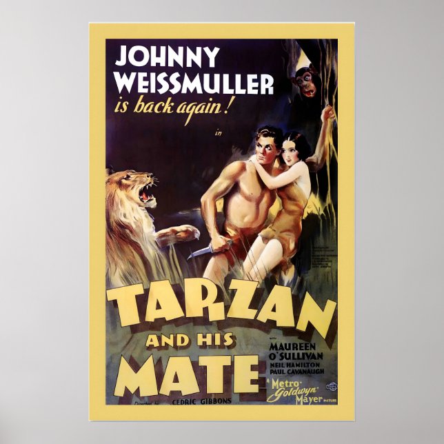 Póster Tarzan! Weissmuller O'Sullivan 1934 Estilo Vintage (Frente)