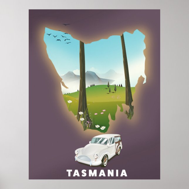 Póster Tasmania ilustró un afiche de viajes en mapas. (Frente)