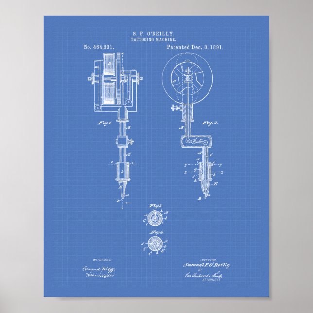 Póster Tattooing Machine 1891 Patent Art Blueprint (Frente)