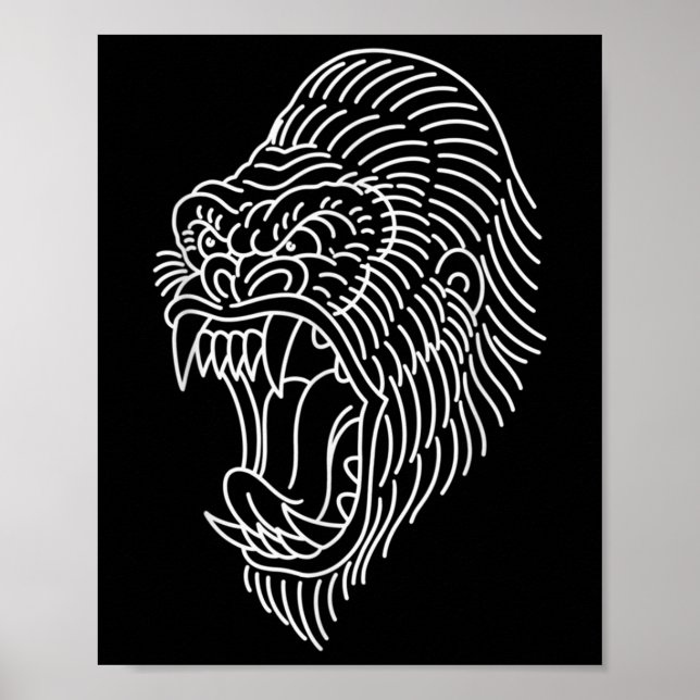 Póster Tatuaje de contorno de cabeza de gorila tradiciona (Frente)