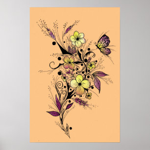 Póster Tatuaje de Flor en Amarillo y Púrpura