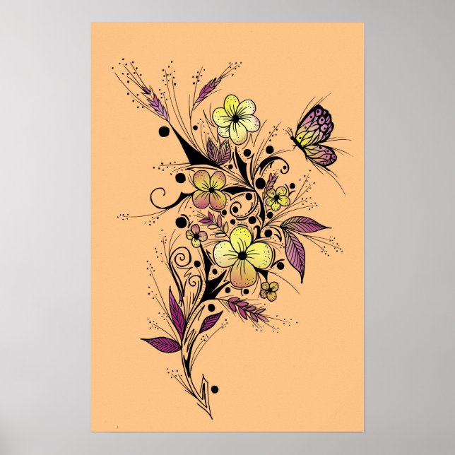 Póster Tatuaje de Flor en Amarillo y Púrpura (Frente)