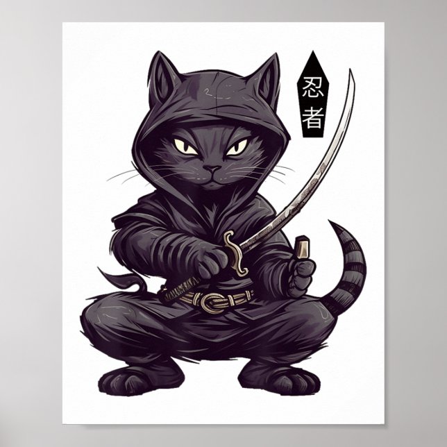 Póster Tatuaje de gato negro samurai japonés, Kawaii Ninj (Frente)
