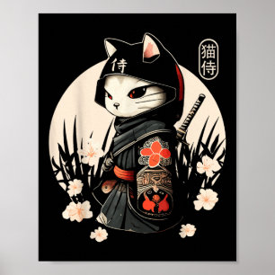 Póster Tatuaje de gato samurai japonés, gato Kawaii Ninja