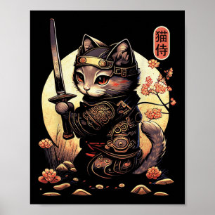 Póster Tatuaje de gato samurai japonés, gato Kawaii Ninja