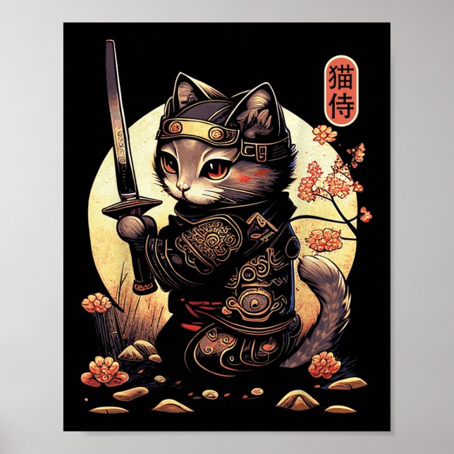 Póster Tatuaje de gato samurai japonés, gato Kawaii Ninja (Frente)