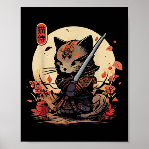 Póster Tatuaje de gato samurai japonés, gato Kawaii Ninja