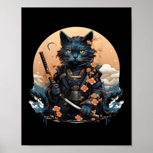 Póster Tatuaje de la camiseta de un gato samurai japonés
