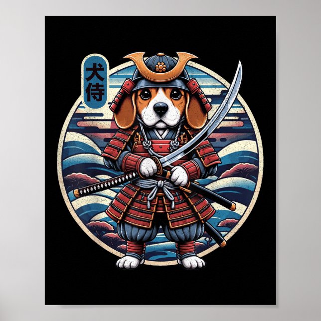 Póster Tatuaje de perro samurai japonés, Beagle Kawaii Ni (Frente)