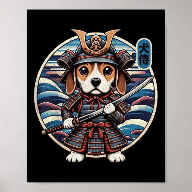Póster Tatuaje de perro samurai japonés, Beagle Kawaii Ni (Frente)