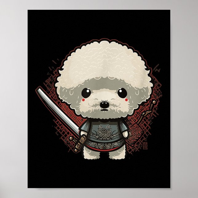 Póster Tatuaje de perro samurai japonés, Kawaii Ninja vin (Frente)
