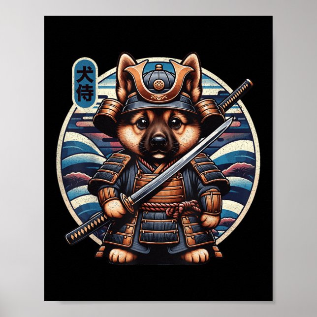 Póster Tatuaje de perro samurai japonés, pastor alemán Ka (Frente)