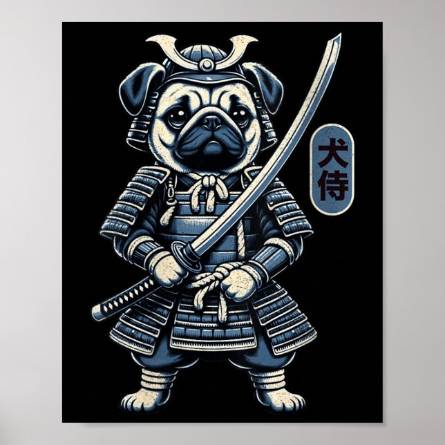 Póster Tatuaje de perro samurai japonés, perro pug Kawaii (Frente)